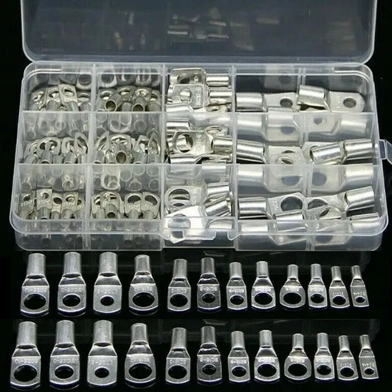60/100/170pcs SC Bare Bolt Hole Tinned Copper Cable lugsCrimp Connector Bare Battery Terminal Wire Terminals Connector Suit