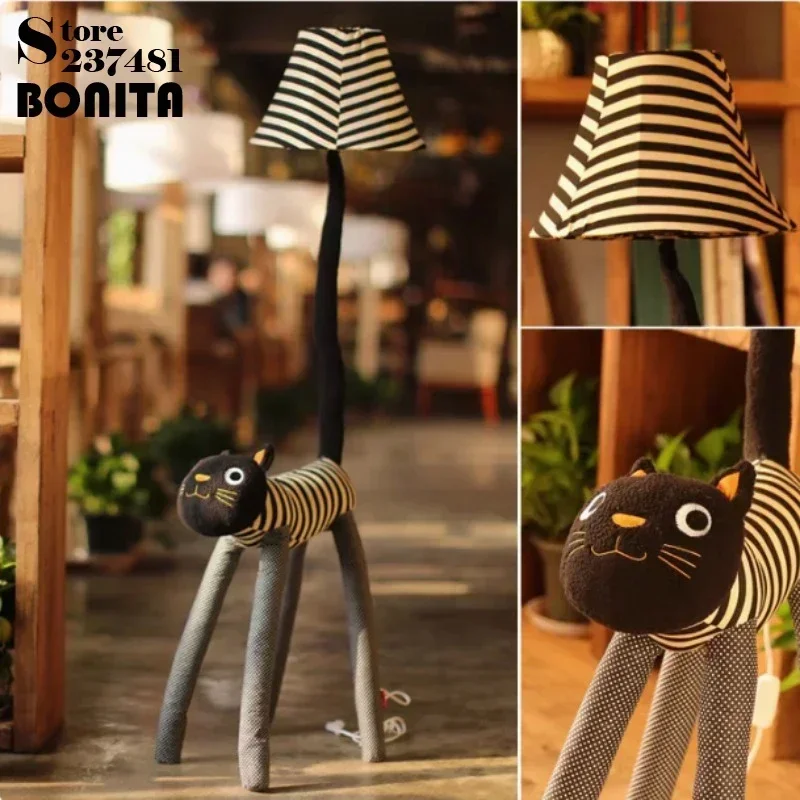 Christmas Gift Floor Lamp Living Room Children Room Floor Light Canvas Catoon Animal Striped Cat Feet  Adjustable Stand Lamp