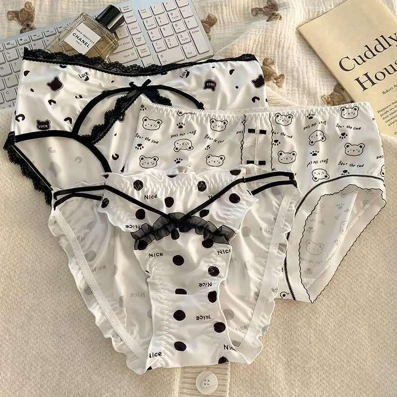 

2 шт. женское нижнее белье милые японские мечтательные кремовые кружевные треугольные трусики с принтом в горошек женское нижнее белье оптом Kawaii Fashion