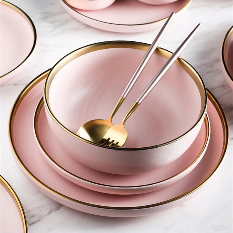 Pink Color Golden Edge Charger Plates Dinner Sets Ceramic Tableware Kitchen Dishes Dish Plate Set Full Luxury Dining Bar Home