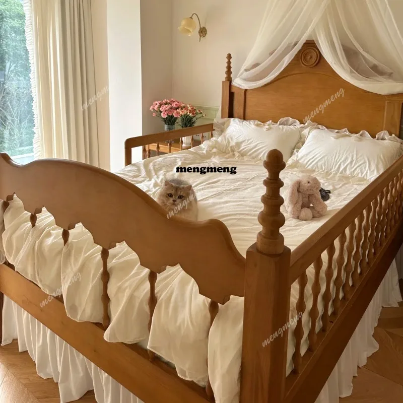 Retro solid wood bed master bedroom double bed American medieval high-end wedding bed temperature guardrail