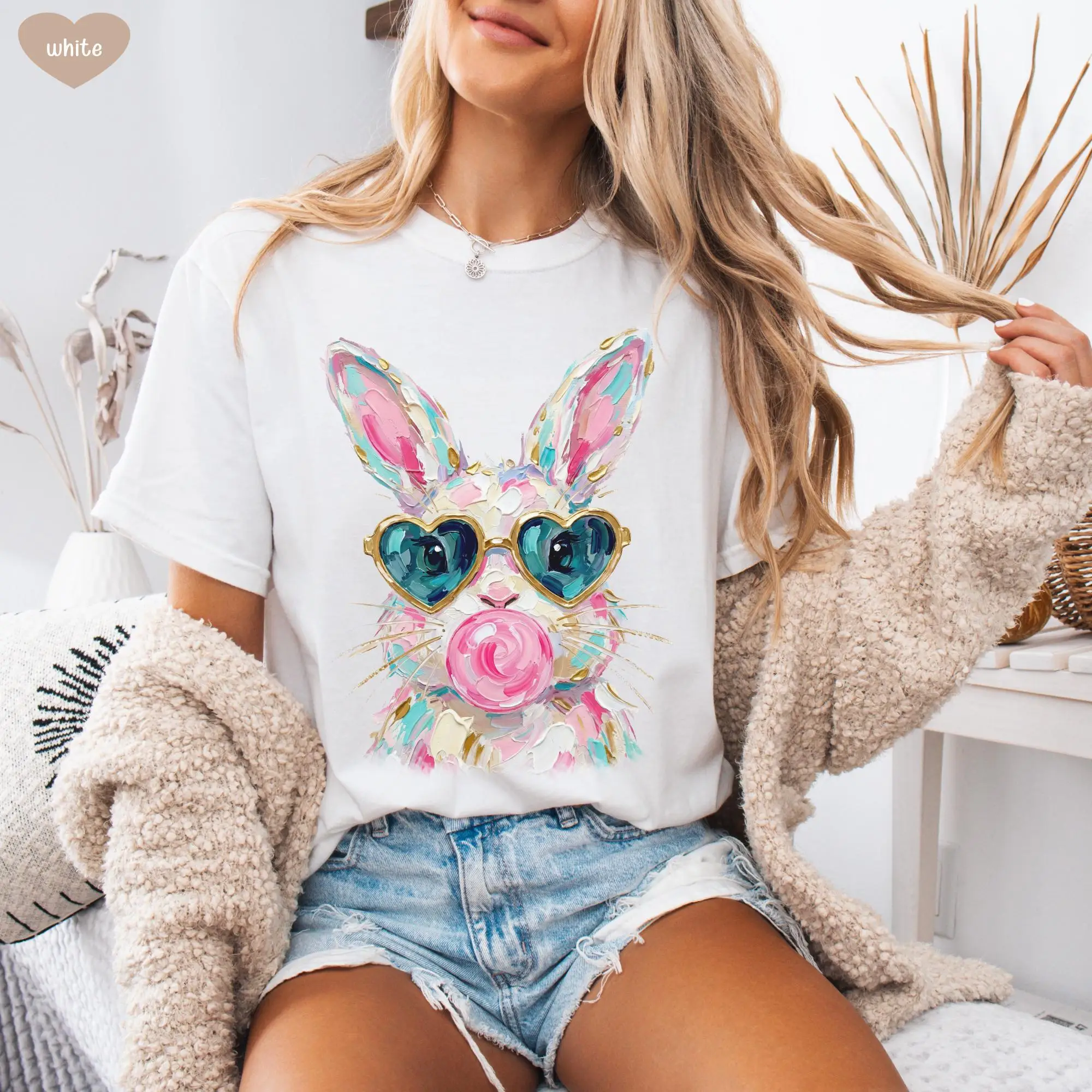 2026 Summer Women's Bunny Blowing Bubble T-Shirt Unisex Cotton and Breathable Short Sleeve Oversized Loose Casual