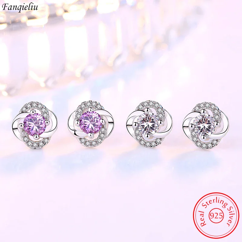 

Fanqieliu Genuine 925 Sterling Silver New Fashion Jewelry Crystal Flower Stud Earrings For Women FQL23673