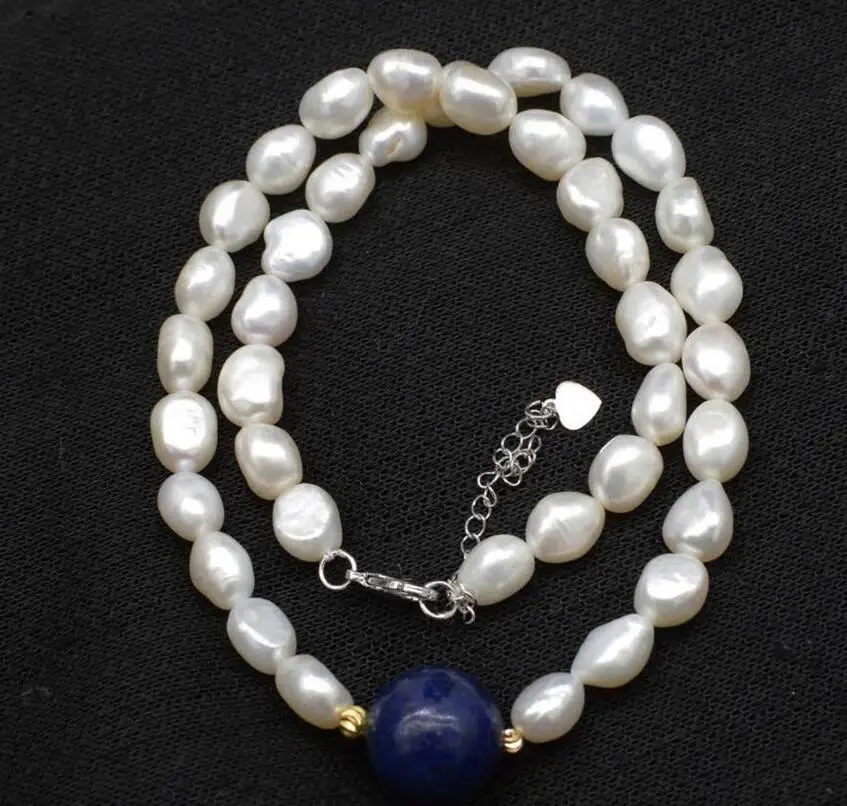 

Fashion jewelry freshwater pearl white baroque and lapis round 16mm necklace 17inch FPPJ wholesale beads nature