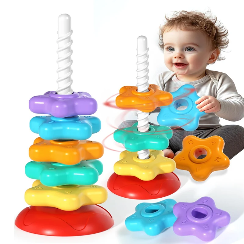 Montessori Rotating Rainbow Tower Baby stacking Puzzle Toy Develop Motor Skills Game Children Educational Sensory Stacking Tower