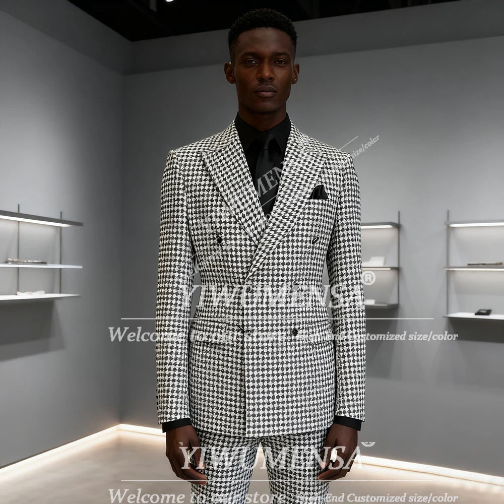 

Классические клетчатые костюмы с узором «гусиные лапки», мужские комплекты из двух предметов, двубортные деловые пиджаки, индивидуальные смокинги для жениха, ужина, вечеринки, выпускного вечера