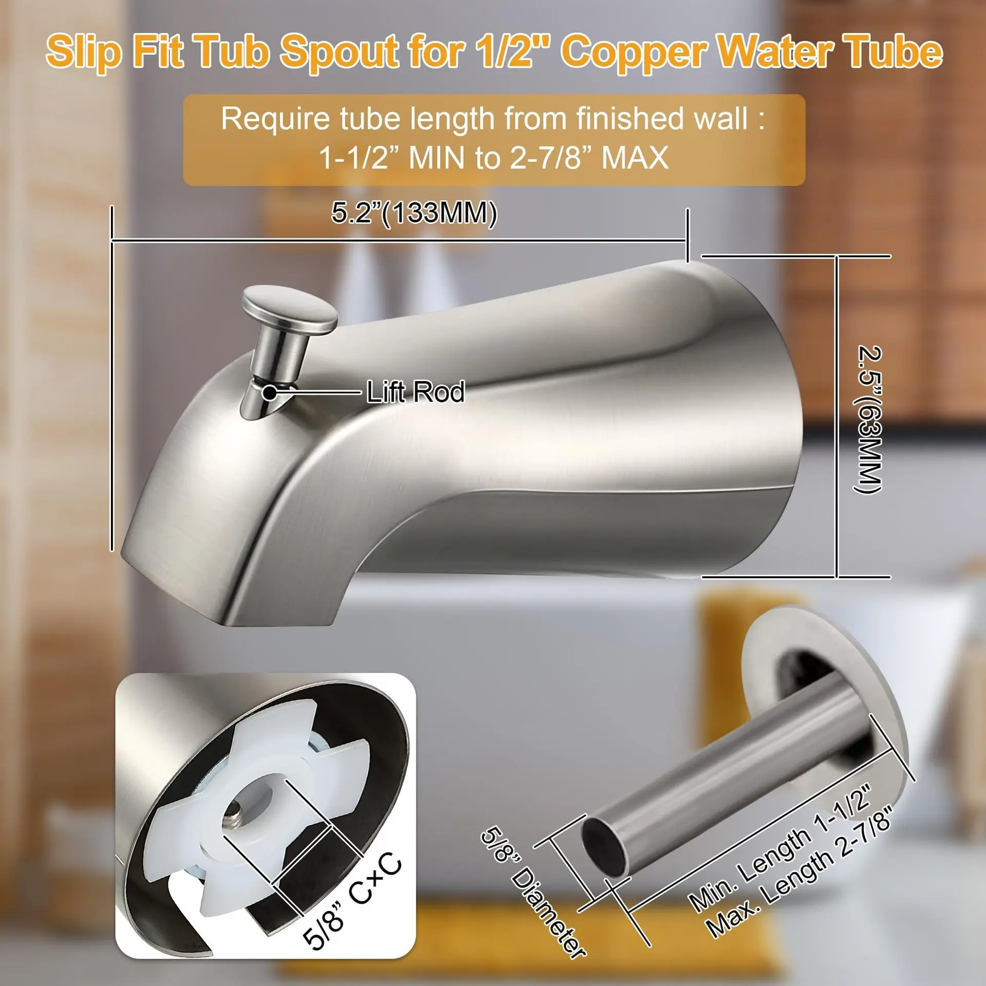 Bathtub faucet nozzle with diverter for 1/2 inch sliding sleeve copper pipe connection including metal cap ring
