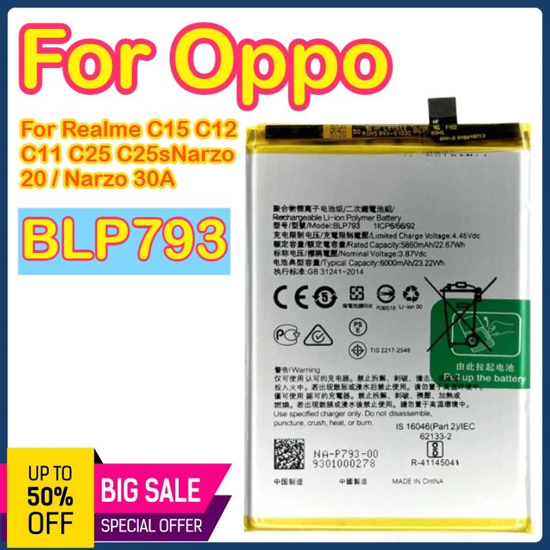 

6000mAh BLP793 Genuine Battery For Oppo Realme C15 C12 C11 C25 C25s Narzo 20 / Narzo 30A Phone Replacement Batteries batteria