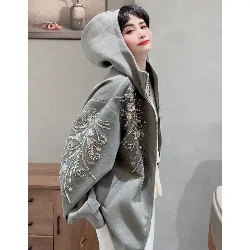 

Glitter Hooded Sweatshirt Jacket 2025 Autumn New Style Versatile Solid Color Hoodies Top