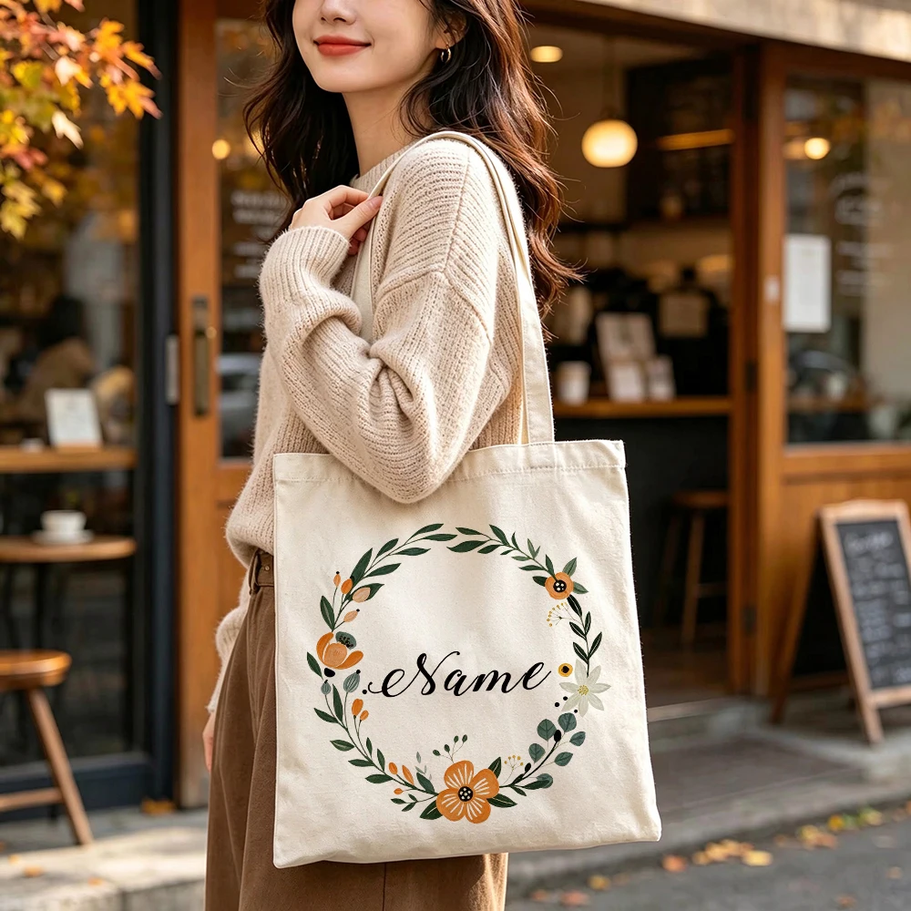 Personalized Floral Wreath Canvas Tote Bags Custom Names Orange Flower Botanicals Grocery Shopping Bags Reusable for Women Gifts