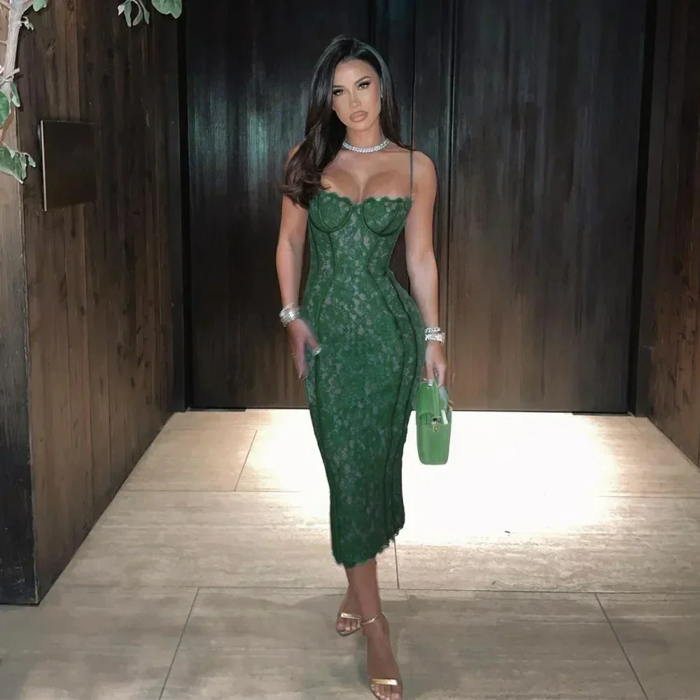 Verão longo elegante formal ocasião vestido verde cinta de espaguete com decote em v vestido de renda vintage vestidos de festa de aniversário 2023