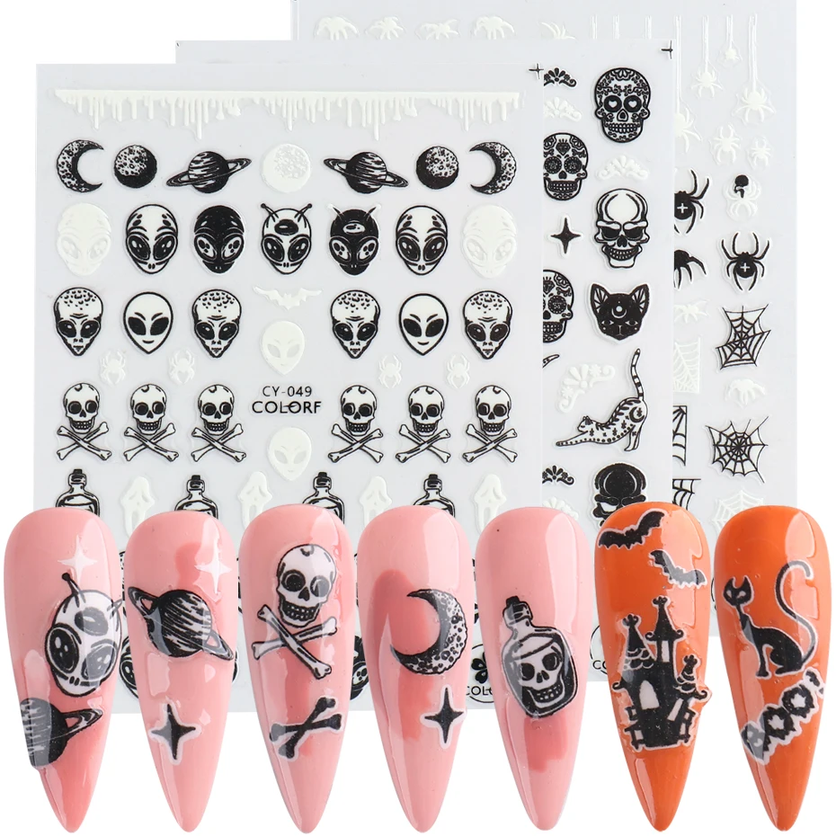 1Sheet 3D Luminous Slider Halloween Nail Art Sticker Skull Alien Planet Decals Glow In The Dark Glitter Nail Tips Decor JICY046