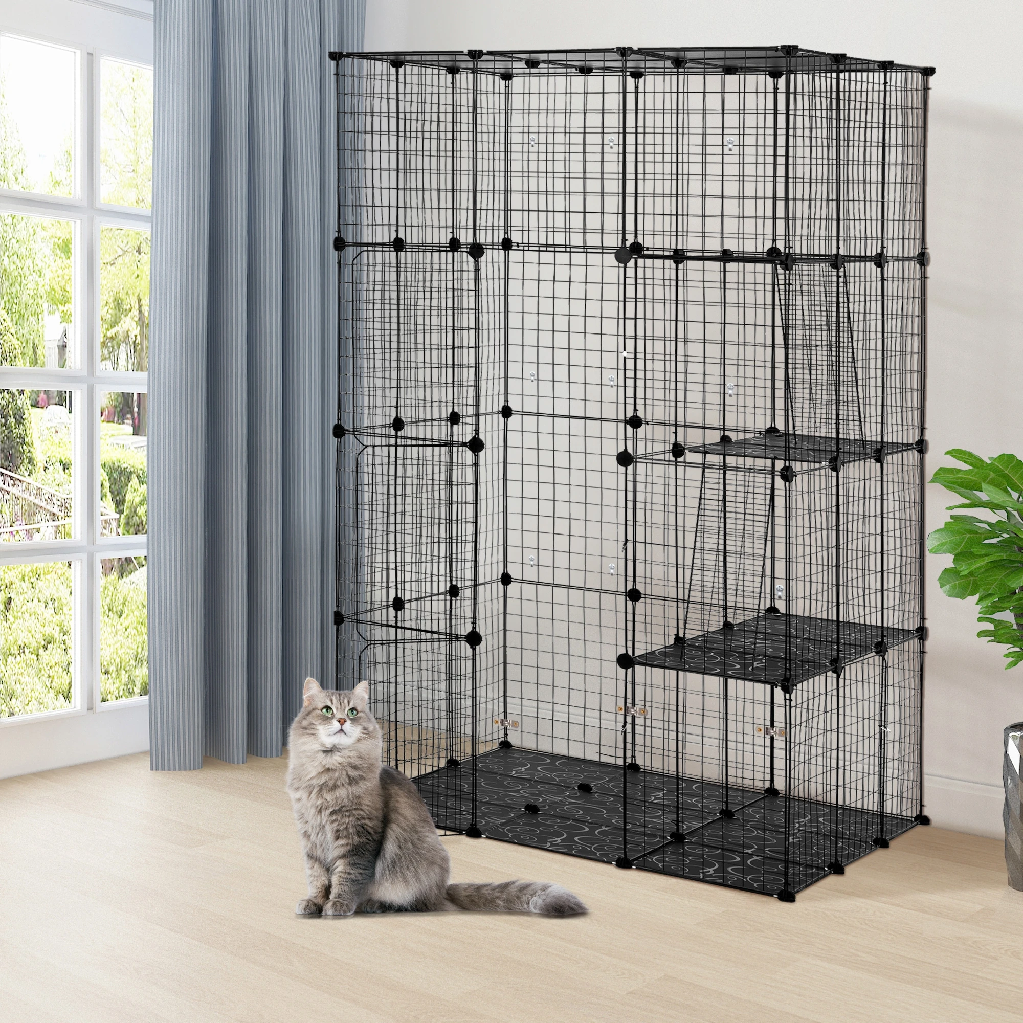 3-Tier Wire Cat Cage, Large Kennels Playpen with 3 Platforms, 3 Ramp Ladders and 4 Doors, 42