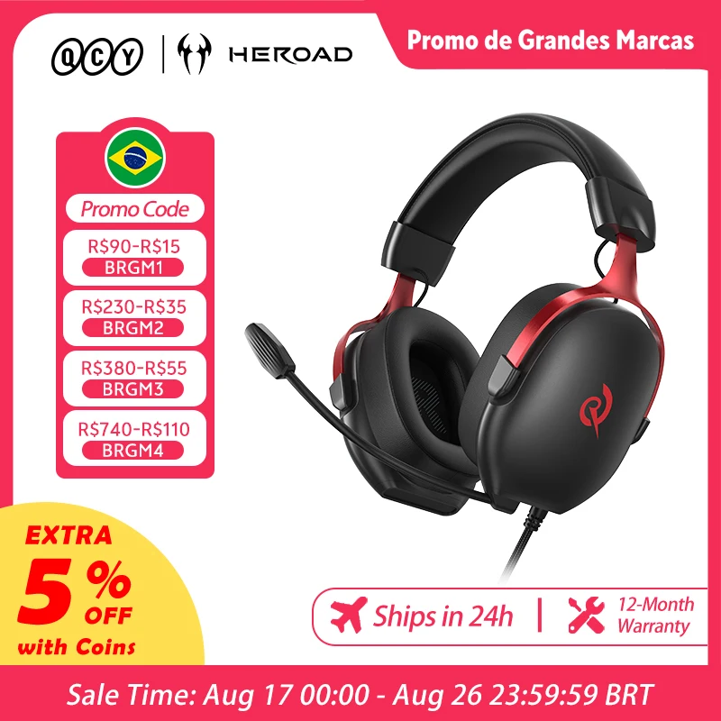 Headset QCY Gamer Heroad VN200Pro com Som Surround 7.1, Headphone com Fio e Microfone para PC/PS4/PS5 Fone de Ouvido