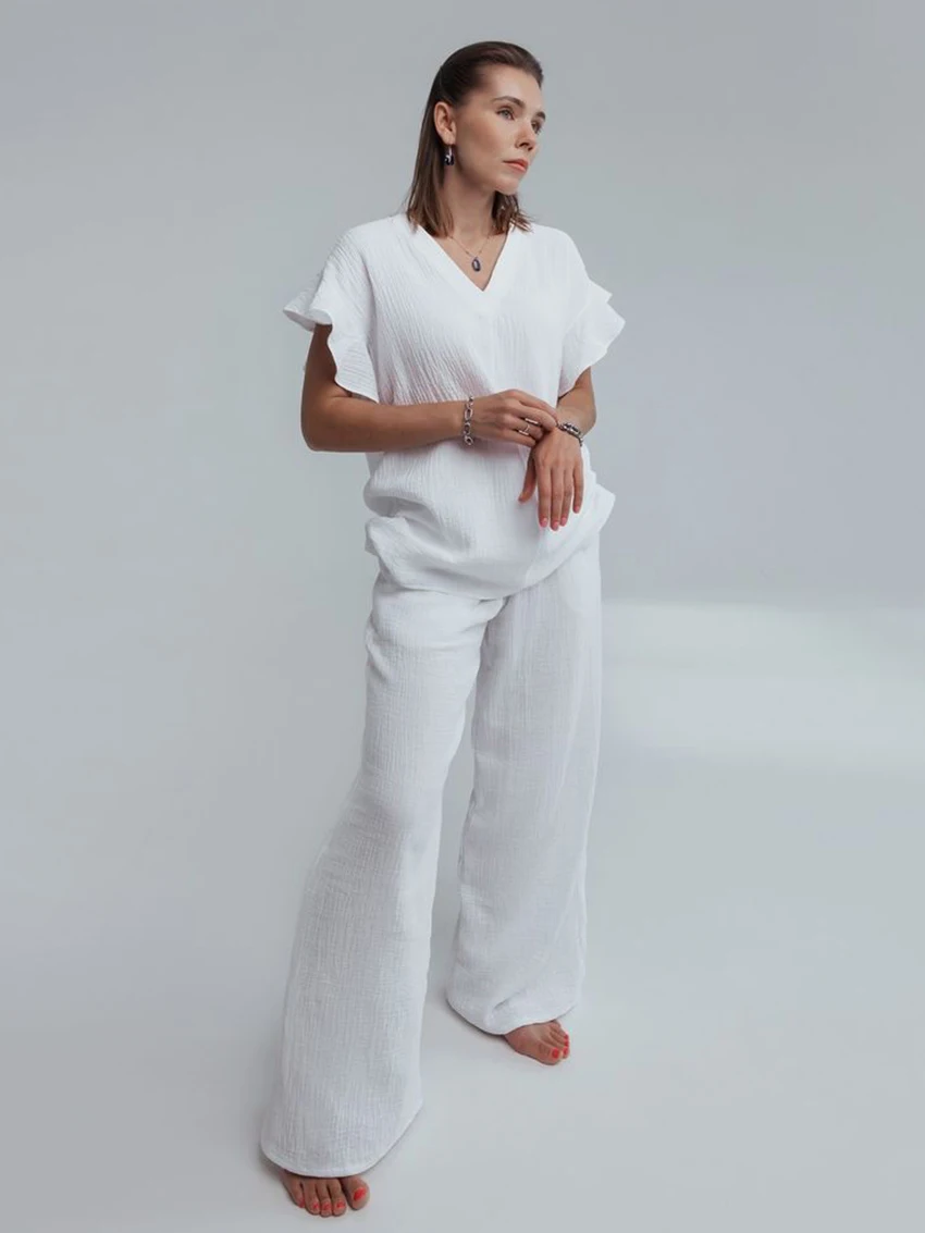 

Marthaqiqi Cotton White Female Nightgown Set Sexy V-Neck Sleepwear Short Sleeve Nightwear Pants Causal Women Pajama 2 Piece Suit