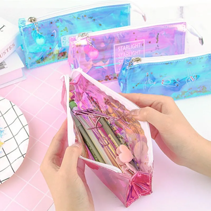 Fashion Color Sequin Harajuku Hologram Laser Zipper Pencilcase Woman Cosmetics Pencil Case Keychain Bag Girl Handbag Gift PB38