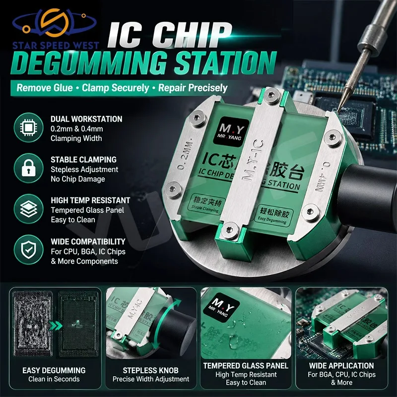 MR.Yang IC Chip Degumming Station Stepless Spacing Adjustment Precise Clamping Width for Mobile Phone BGA CPU IC Repair Tools
