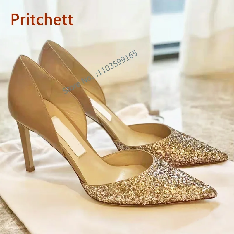 

10cm Bling Nude Pointy Toe Pumps Thin Heel Slip On Patent Leather Women's Shoes Solid Shine Summer Sexy Dress Shoes Classics