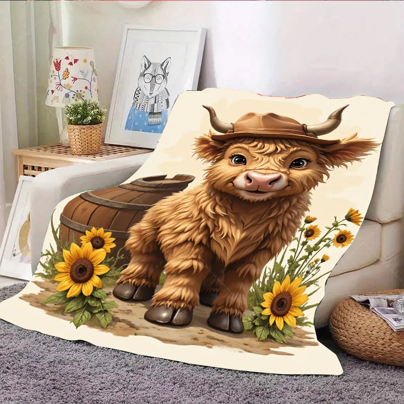 Couverture en flanelle, 1 pièce, jolie vache des Highlands, avec tournesols et couverture en baril, Style ferme rustique