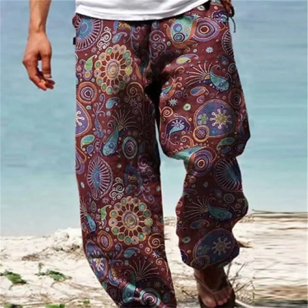 2025 new pants men men casual loose Harem pants elastic waist beach loose wide leg hippie pants