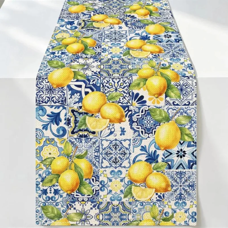 Lemon Tile Linen Table Runner Bohemian Farmhouse Style Home Dining Table Runner For Wedding Party Kitchen Restaurant Decor
