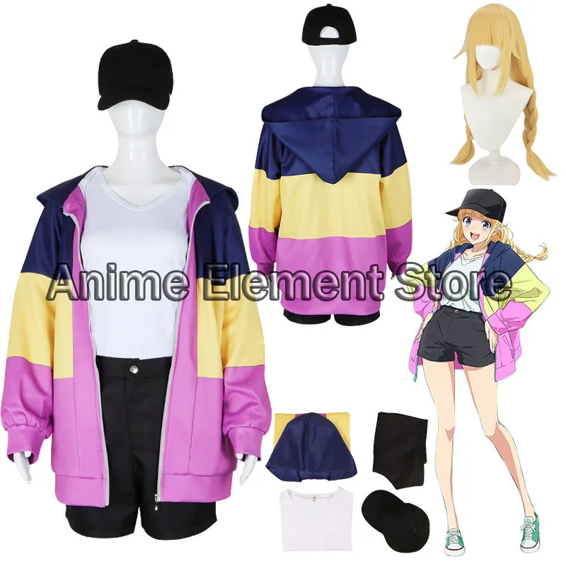 Anime Paripi Koumei Tsukimi Eiko Cosplay Kostüm Kapuzen jacke blonde Perücke Hut Hemd Hosen Mädchen Set Outfit ya Junge Frauen