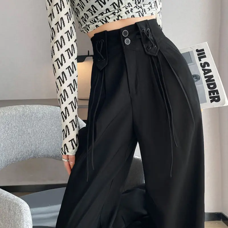 Fashion Elastic Lace Up Folds Solid Color Straight Casual Pants Female Clothing 2024 Summer Loose Korean High Waist Trousers