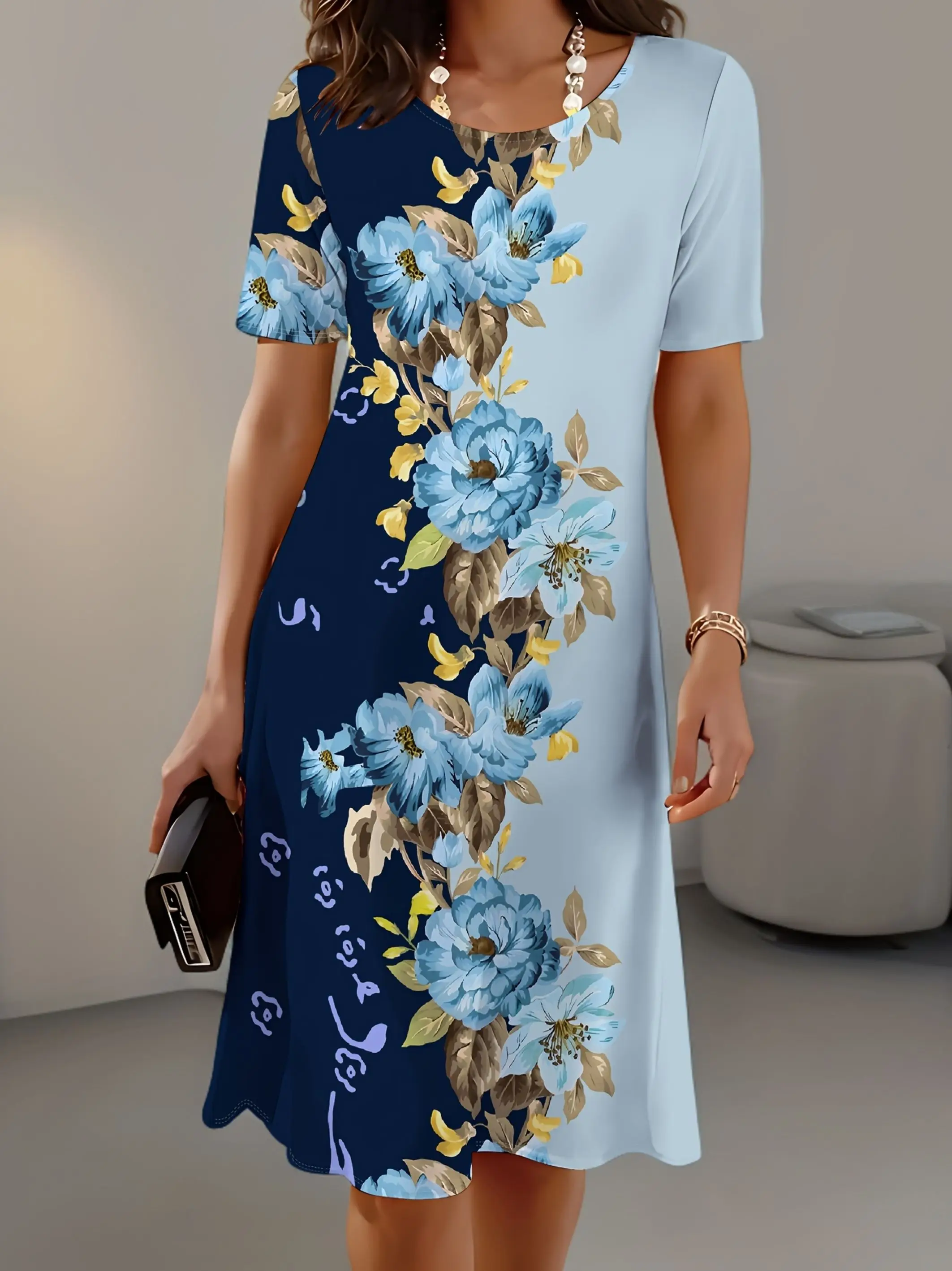 New Women Slim Summer 3D Print Floral Loose Vintage Sexy Elegant Dress Casual Party Midi Short Sleeve Dress