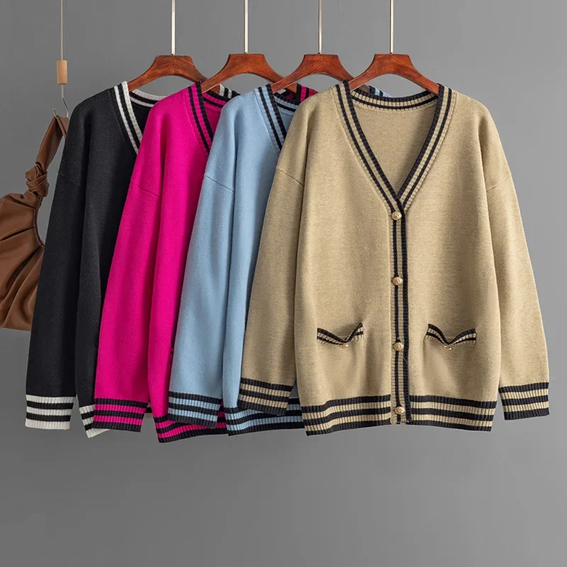 

2024 New Autumn and Winter Contrast Color Sweater Cardigan Coat Loose V-neck Mid-length Sweater Tops for Women