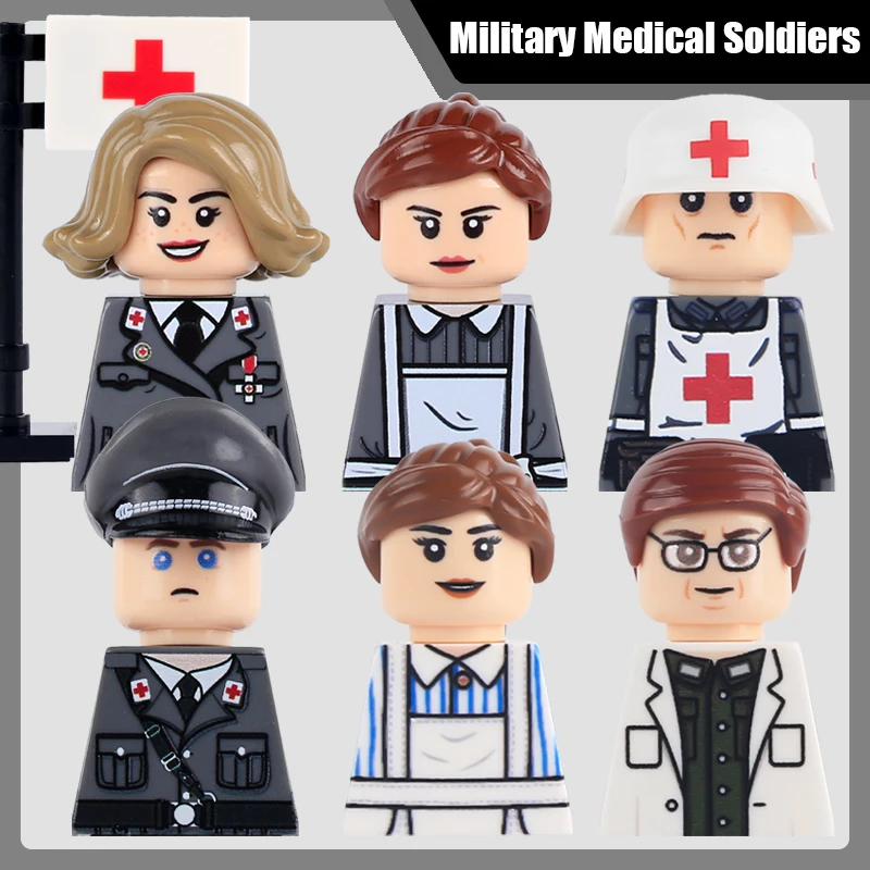 

WW2 Military Medical Soldiers Building Blocks UV Printed Figures German Nurse Officer War Doctor Suitcase Flag Bricks Toy Gifts