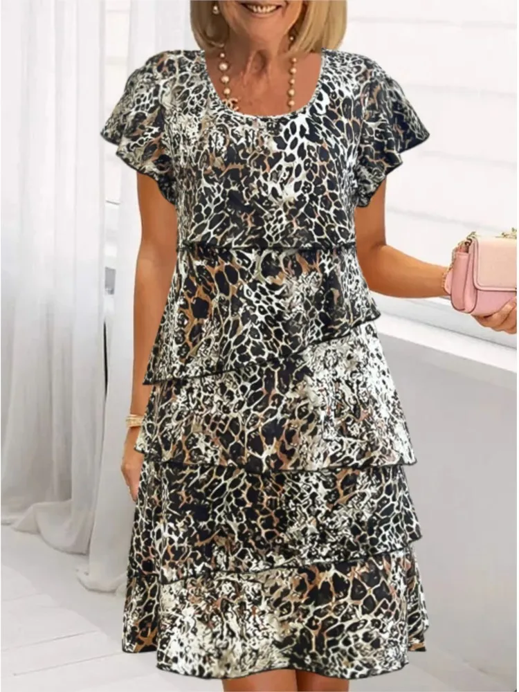 Summer Leopard Print Series Dress Women's Personality Street Fashion Round Neck Lotus Leaf Sleeve Stitching Short-sleeved Dress