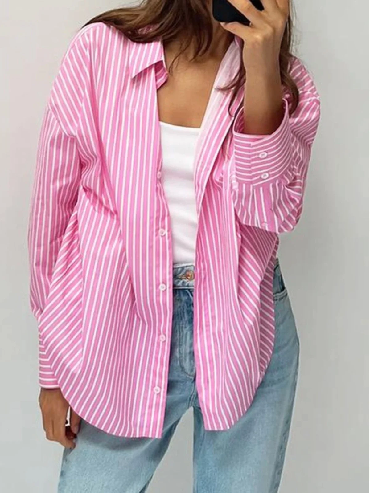 

Women's Printed Striped Long Sve irt Casual Loose Fit Faionable Summer Top for 25-50 Years Old Women