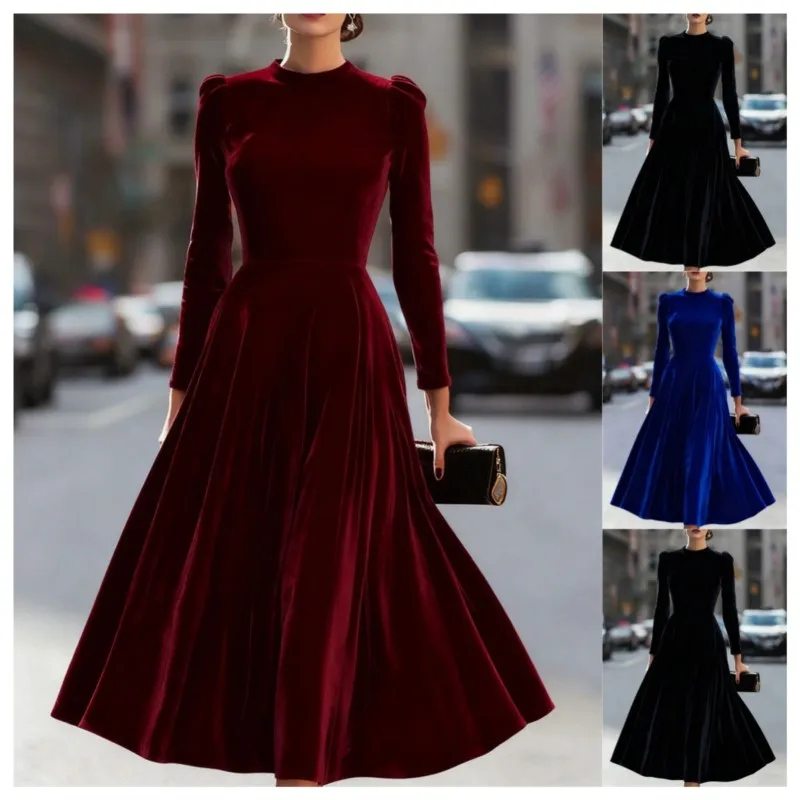Spring Autumn Women's Dress New Fashion Vintage Gold Velvet O Neck Long Sleeve Maxi Prom Dresses For Women Robe Femal Vestidos