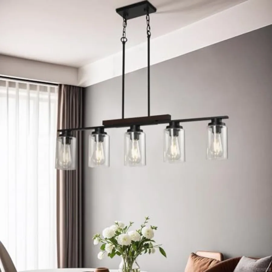 

Black Farmhouse Dining Room Light Fixture 5-Light Wood Linear Chandelier with Clear Glass Shades Rustic Pendant Lights Kitchen