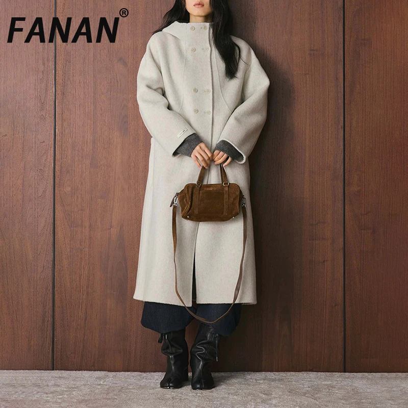 

FANAN Elegant Hooded Woolen Coats For Women Single Breasted Office Lady Thick Warm Female Outwear Winter New Female Jackets