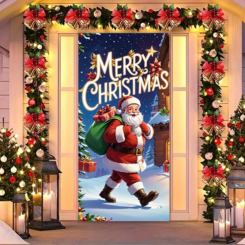 1 bannière de porte plate 2D avec motif cadeau au dos du Père Noël. Utilisé pour les maisons du Nouvel An et des fêtes de Noël, aucun pouvoir requis - zs