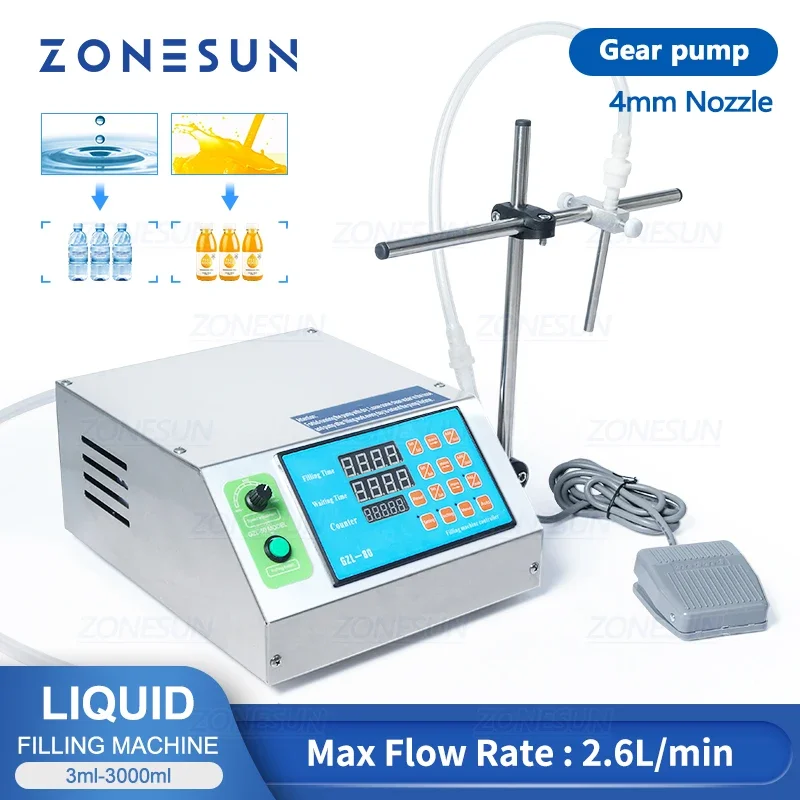 ZONESUN Zahnradpumpe, Flaschen-Wasserfüller, halbautomatische Flüssigfläschchen-Tischfüllmaschine für Saft, Getränke, Getränke, Öl, Parfüm