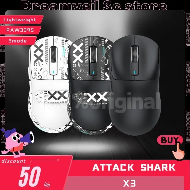 Attack Shark X3 Wireless Mouse Gamer Mouse PAW3395 Lightweight 3 Mode 2.4G Bluetooth Mice Accessories Gaming Gifts For PC Lapto