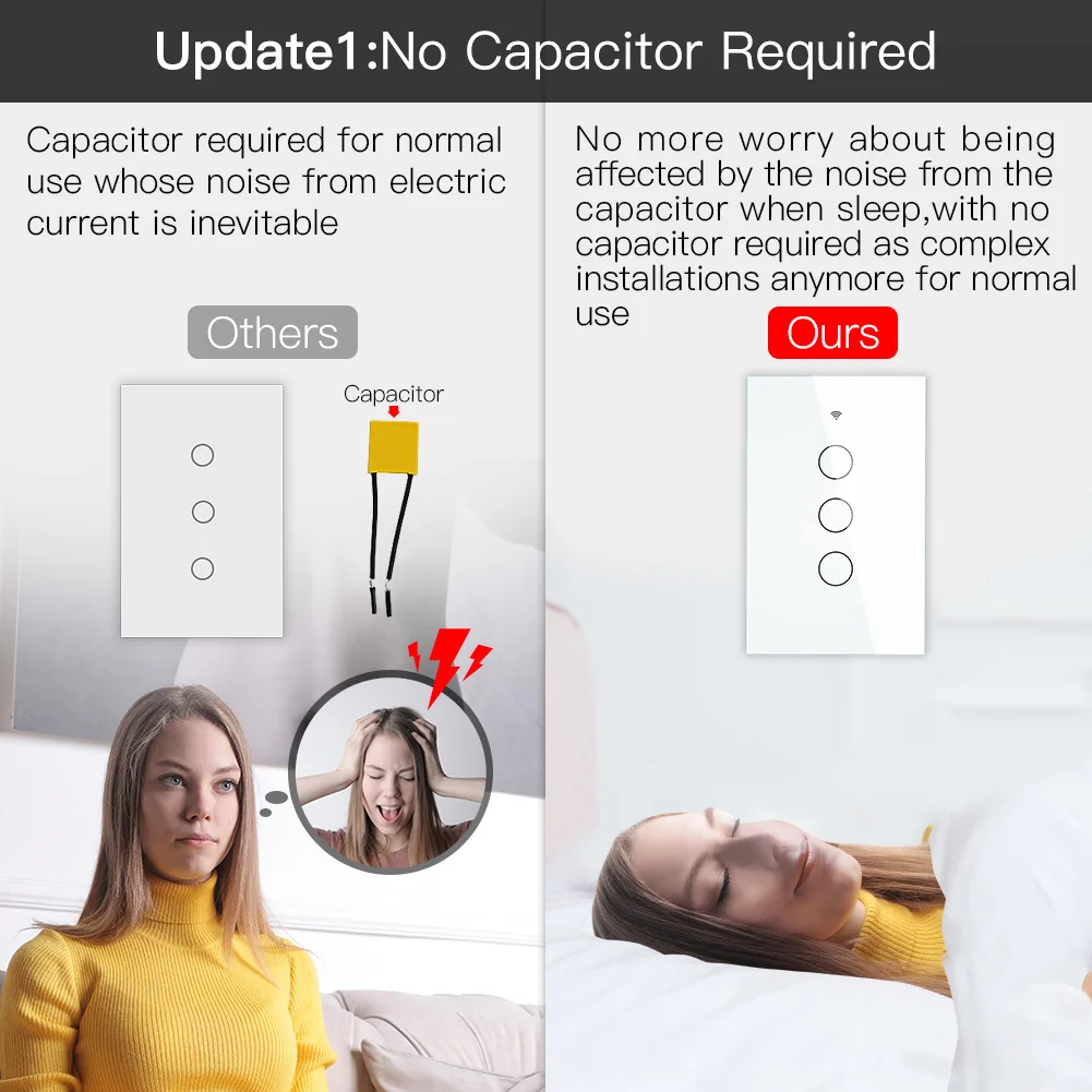 ZigBee Wall Touch Switch US White Light No Neutral Capacitor Smart Life/Tuya App Remote Control Alexa Google Home 2/3 Way Multi