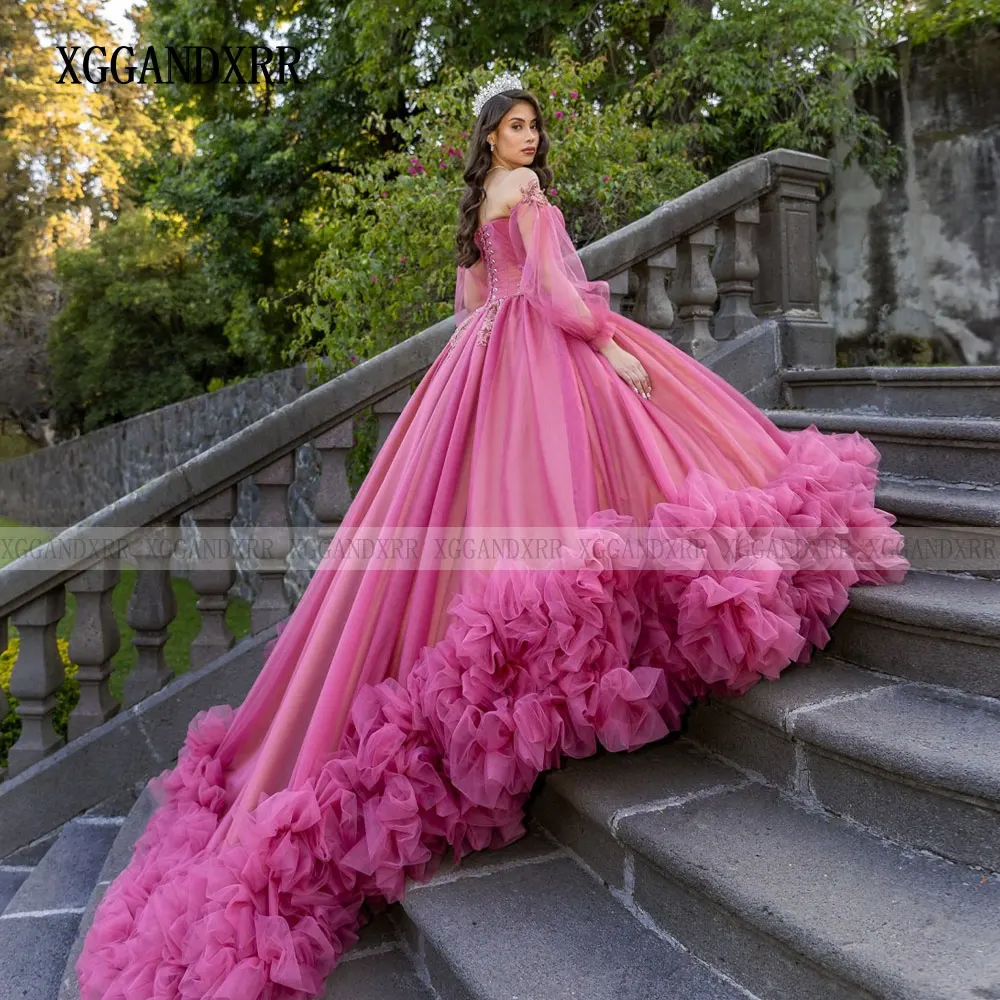 Robe De bal Fuchsia personnalisée, robe De Quinceanera, plis appliqués, douce 16, robes d'anniversaire, manches bouffantes, 2025