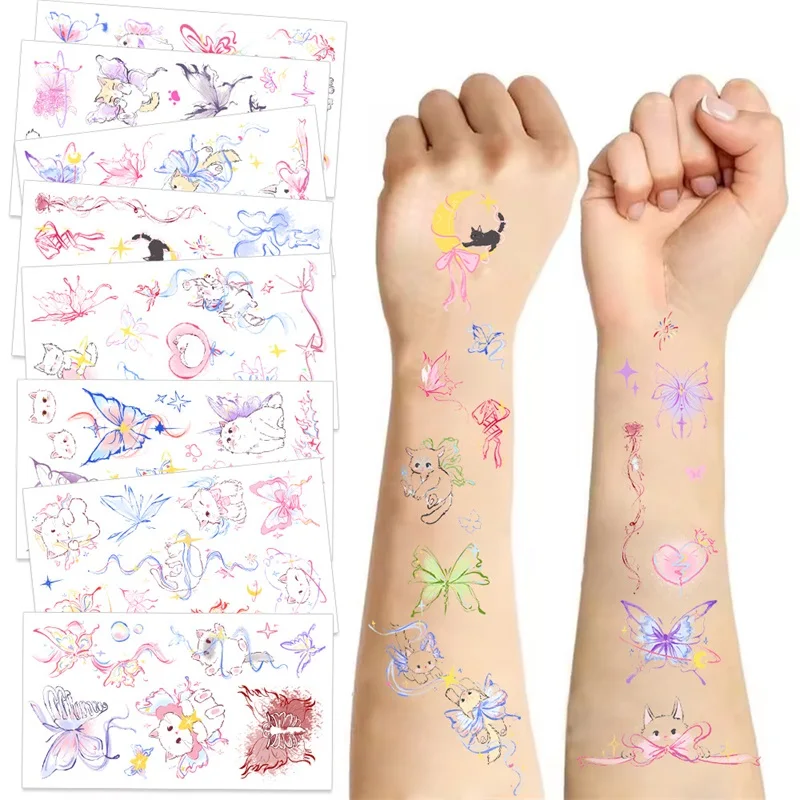 10Sheets Kawaii Butterfly Cat Small Tattoo Stickers Aesthetic DIY Children's Washable Decoration Scrapbooking School Supplies