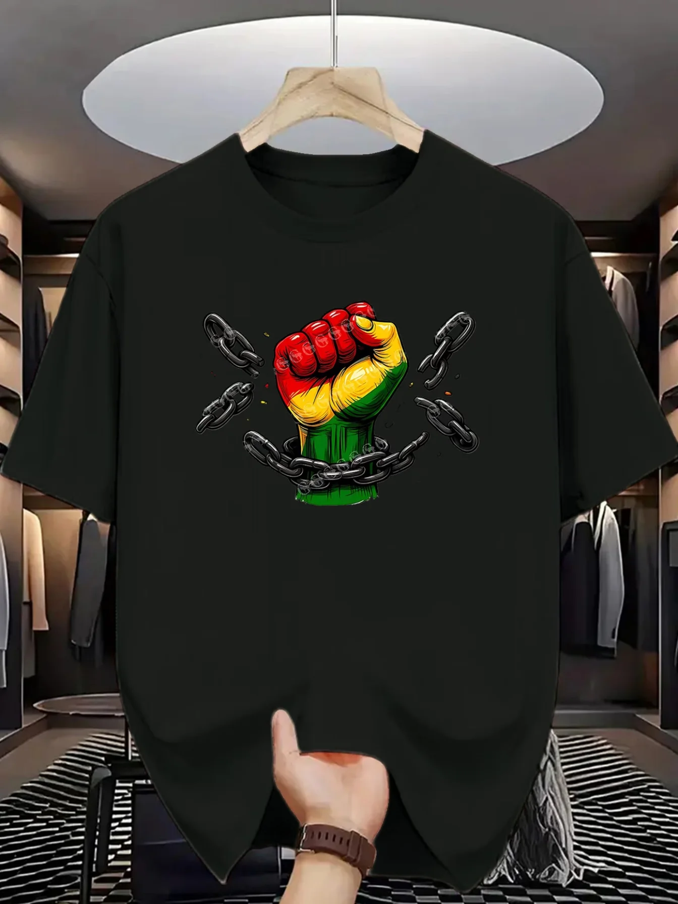 T-shirt Homme « L'unité est la force » – Motif poing levé couleurs Rastafari, col rond, manches courtes, haut décontracté d'été avec symbole emblématique