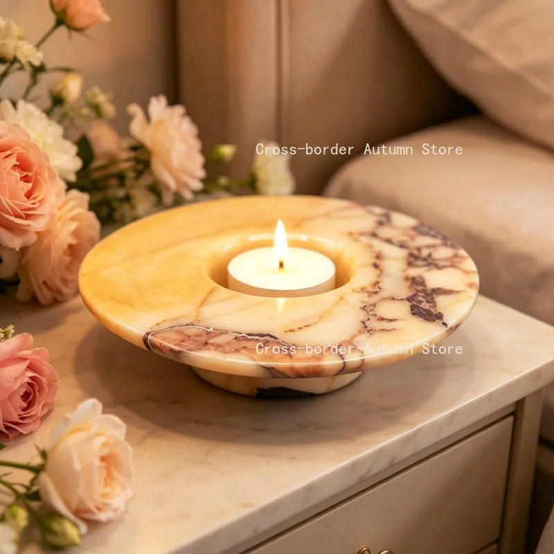 Marble round wax cup, wabi wind villa living room creative small ornament home decoration candlestick Advanced atmosphere