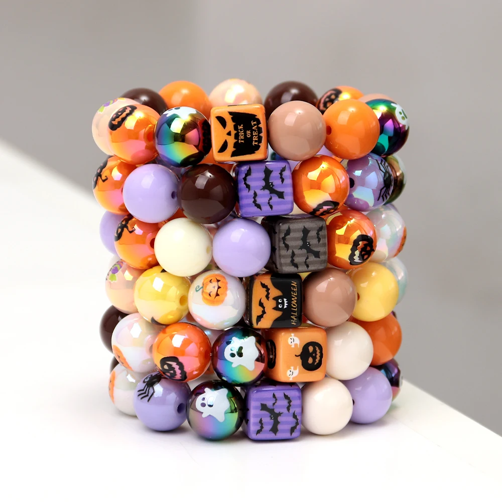 New Halloween Acrylic Bead Stretch Bracelet Multistyle Pumpkin Ghost Bat Spider Beaded  Stackable Bangle Party Costume Jewelry