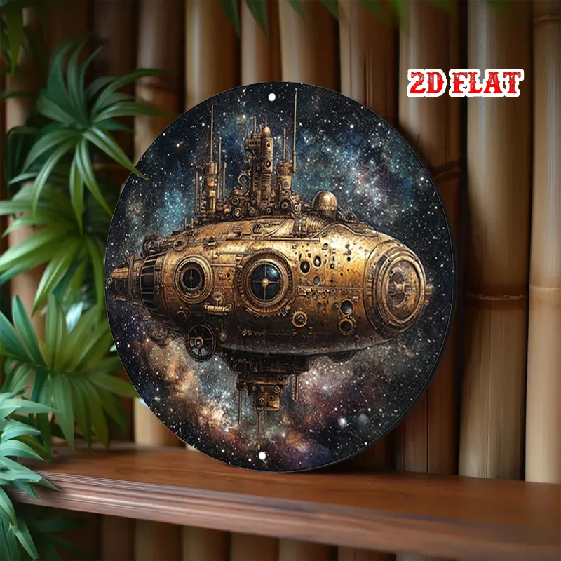 CIFBUY Vintage Steampunk Submarine Space Aluminum Wall Art Round Waterproof Durable Metal Sign for Game Room Bedroom