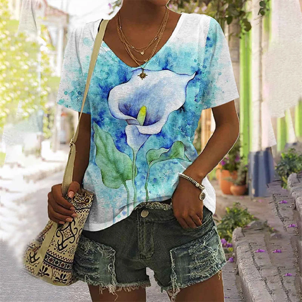 

Summer Women's T Shirt Flower Print Casual Short Sleeve 3D T-Shirts Fashion Streetwear V-Neck Pullover Female Oversized Clothing