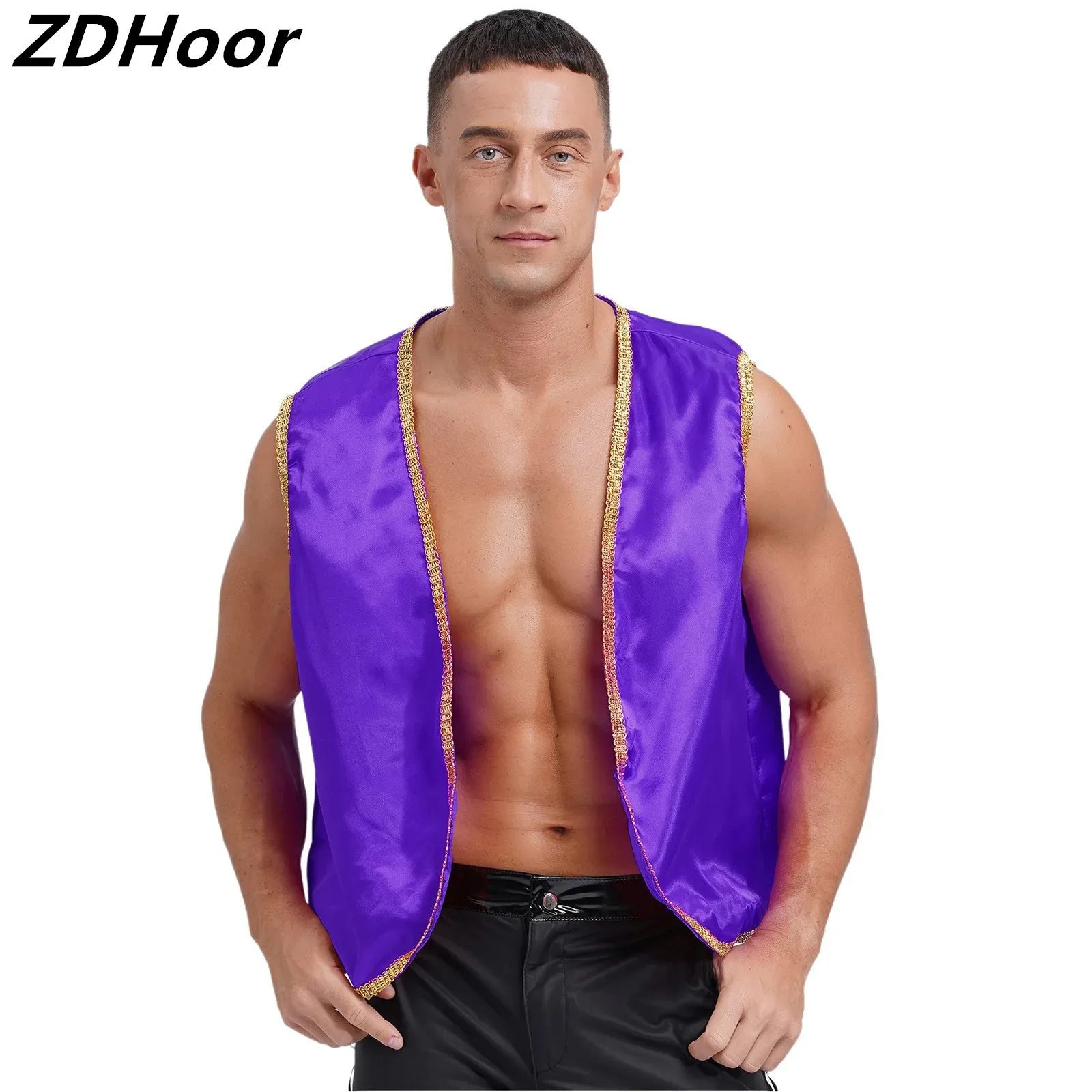 

Mens Arabian Prince Vest Halloween Deluxe Stain Vest Shiny Gold Trim Open Front Curved Waistcoat Indian Arabian Cosplay Costumes