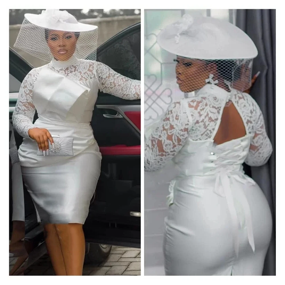Customized Aso Ebi Short Cocktail Dresses Merimaid High Neck Lace White Wedding Guest Dress Long Sleeves Robe