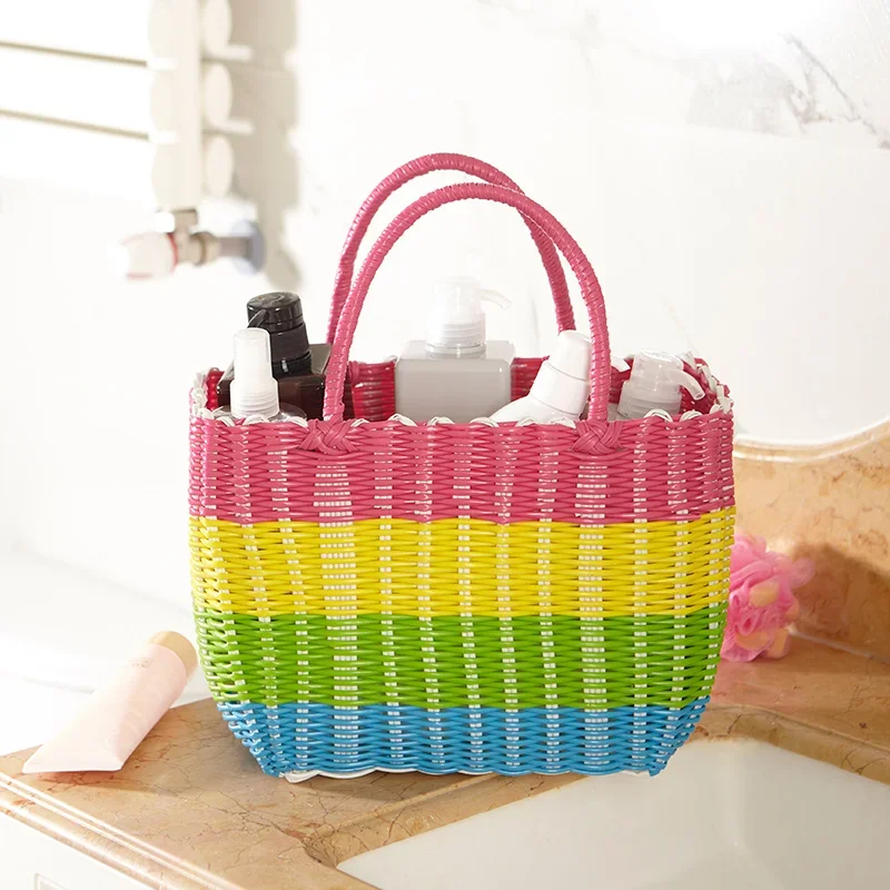 Large Handheld Plastic Woven Storage Basket, Picnic Fruit Basket, Supermarket Shopping Storage Bin, Decorative
