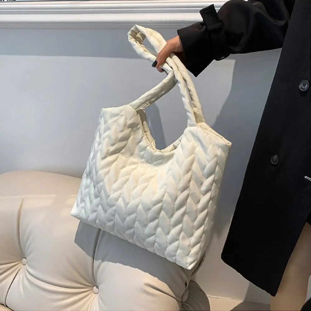 

Trendy Plaid Girls Quilted Tote Bags Puffy Design Lightweight Women Shoulder Bag Large Capacity Handbag Office